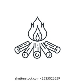 Campfire lit with wood logs line icon. Camping trip. Vector illustration