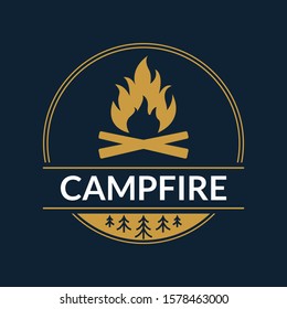 Campfire logo or badge. Fire or bonfire symbol. Camp, outdoor adventure design concept. Vector illustration.