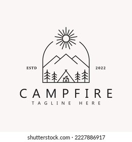 Campfire Logo Concept with Simple Style Line. Branding and Design Printing for T-Shirt.