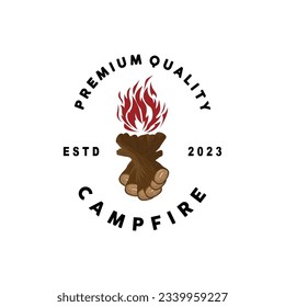 Campfire Logo-Design, Bonfire-Vektorgrafik, Adventure Camp Outdoor-Holzflame Vintage Retro-Illustration