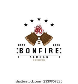 Campfire Logo Design, Bonfire Vector, Adventure Camp Outdoor Wood Flame Vintage Retro Illustration