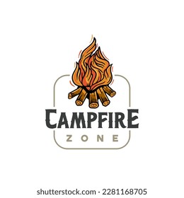 Diseños con el logotipo de Fogata con estilo dibujado a mano, acampada deportiva, fogata, camping con emblema, pasatiempo. Cartel de camping de época con fuego