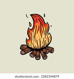 Diseños con el logotipo de Fogata con estilo dibujado a mano, acampada deportiva, fogata, camping con emblema, pasatiempo. Cartel de camping de época con fuego