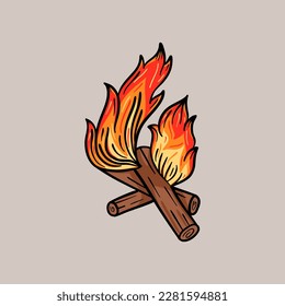 Diseños con el logotipo de Fogata con estilo dibujado a mano, acampada deportiva, fogata, camping con emblema, pasatiempo. Cartel de camping de época con fuego