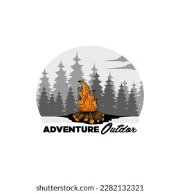 Logo-Designs von Campfire mit handgezeichnetem Stil, Sportcampingplatz, Campingfeuer, Emblem Camping, Hobby. Vintage Camping-Schild mit Feuer