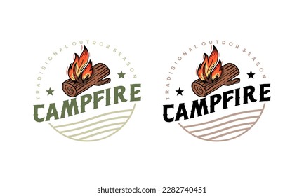 Campfire Logo designs with hand drawn style, sport camping, campfire, emblem camping, hobby. Vintage camping sign with a fire