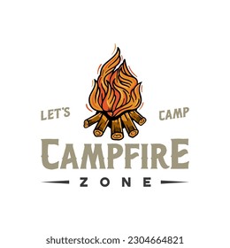Campfire Logo designs with hand drawn style, sport camping, campfire, emblem camping, hobby. Vintage camping sign with a fire