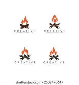 Projeto do conjunto de logotipo da Campfire, queimando fogueira com projeto de vetor de matas cruzando