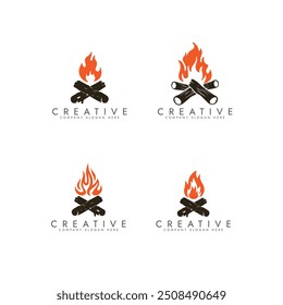 Diseño del sistema del logotipo de la fogata, hoguera ardiente con el diseño del Vector de Crossing Woods