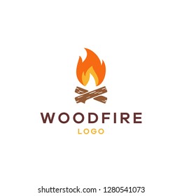 Campfire logo vector illustration on dark background. Crossed logs of wood and fire flame