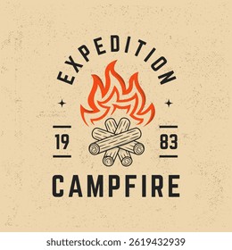 Campfire logo in vintage retro style. Expedition campfire logo with wood logs and flame in vintage style. Suitable for camping, survival and outdoor gear branding. Vector illustration