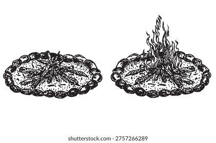 Campfire logs burning bonfire. Firewood stacked for a fire. Fire on wood for outdoor camping. Bonfire. Vector sketch objects isolated on white background. Bonfire with wood. Isolated on a white