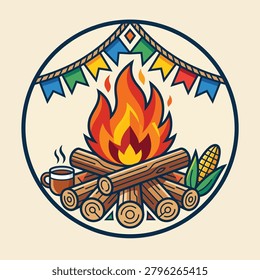 A campfire with logs and corn on cob
