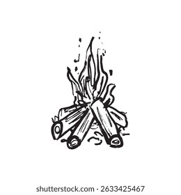 A campfire with logs with flames and smoke in black brush stroke texture isolated on white. Hand drawn vector sketch illustration in vintage charcoal ink. Cooking camping. Greeting card, symbol design