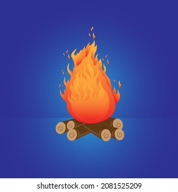 Fogata con troncos en fondo azul. Ilustración de vectores planos