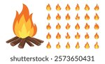 Campfire with Logs, Vector Cartoon Illustration. Design Template for Camping, Outdoor Activities. Tourist Campfire Clipart Collection. Nature, Adventure, Travel Designs, Outdoor Campfire Set