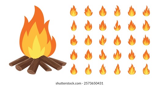 Campfire with Logs, Vector Cartoon Illustration. Design Template for Camping, Outdoor Activities. Tourist Campfire Clipart Collection. Nature, Adventure, Travel Designs, Outdoor Campfire Set