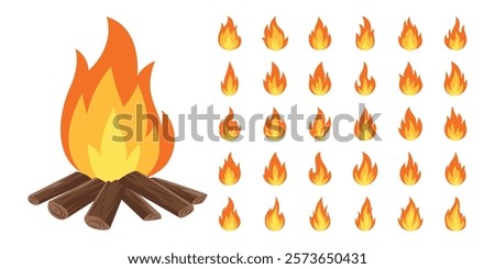 Campfire with Logs, Vector Cartoon Illustration. Design Template for Camping, Outdoor Activities. Tourist Campfire Clipart Collection. Nature, Adventure, Travel Designs, Outdoor Campfire Set
