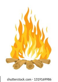Campfire with long flames on green lawn, travel concept background in summer day with green grass isolated