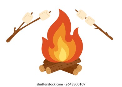 Campfire with marshmallows on sticks. Cozy camping scene with burning bonfire made of wooden logs and two sticks roasting marshmallows over the flames. Flat vector design in warm, natural colors.