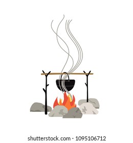Campfire meal cooking icon isolated on white. Minimal flat cartoon. Hot water in metal tourist kettle hanging on camp fire. Adventure camping symbol. Tourism banner background. Vector illustration