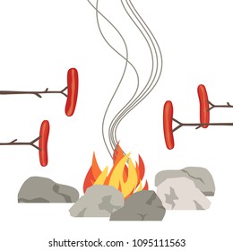 Campfire meal cooking icon isolated on white. Minimal flat cartoon. Smoked sausages on wood branches. Outdoor bonfire picnic in tourist camp advertising banner background. Adventure activity emblem