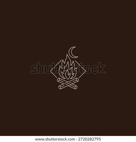 Campfire and moon line art logo showing warmth, night, and calm nature.