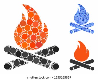 Campfire mosaic of circle elements in various sizes and color hues, based on campfire icon. Vector circle elements are grouped into blue collage. Dotted campfire icon in usual and blue versions.