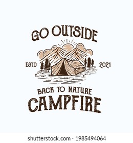 Campfire Mountain and Outdoor Vintage Logo Template. Badge or Emblem Style. Vector Illustration