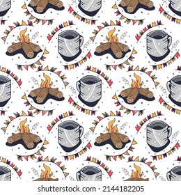 Campfire and Mug. Seamless pattern on a white background. Cute vector illustration.