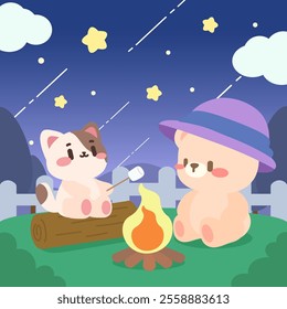 Campfire night with cute bear and cat under the stars. A cute illustration of a bear and cat enjoying a cozy campfire night under a magical starry sky with shooting stars.