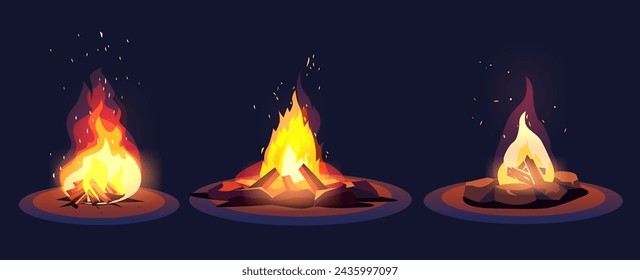 campfire in night forest hiking camping concept