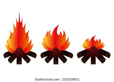 Campfire with orange flames in flat style, from brightly blazing to fading. Set of vector illustrations. Isolated background. Flat style. Ignition of wooden firewood. Hot flame of fire. 