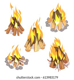 Campfire, outdoor bonfire with burned logs cartoon vector set. Wood burn light, illustration of warm bonfire with wood