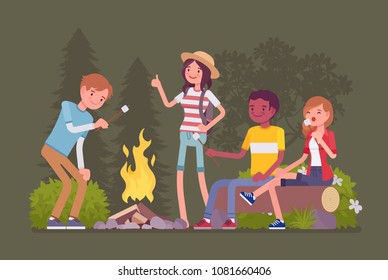 Campfire outdoor fun. Happy young friends at camp or picnic, enjoy roasting marshmallow at fire, sitting at beach bonfires in a night wood, warming and talking. Vector flat style cartoon illustration