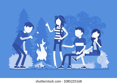 Campfire outdoor fun. Happy young friends at camp picnic, enjoy roasting marshmallow at fire, sitting at beach bonfires in a night wood, warming and talking. Vector illustration, faceless characters