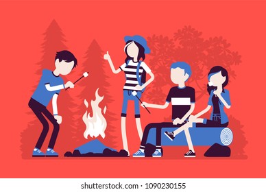 Campfire outdoor fun. Happy young friends at camp picnic, enjoy roasting marshmallow at fire, sitting at beach bonfires in a night wood, warming and talking. Vector illustration, faceless characters