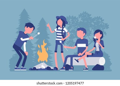 Campfire outdoor fun. Happy young friends at camp picnic, enjoy roasting marshmallow at fire, sitting at beach bonfires in a night wood, warming and talking. Vector illustration, faceless characters