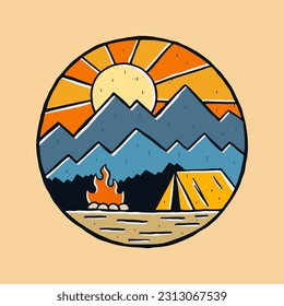 campfire outdoor theme. camping in mountain outdoor vintage vector design for t shirt, sticker, badge and other