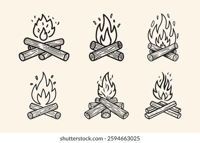 Campfire outline illustration and campfire logo designs bundle