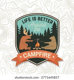 Campfire patch vector badge with bear and moose roasting marshmallow outdoor adventure embroidered style camping emblem for t shirt print sticker isolated background