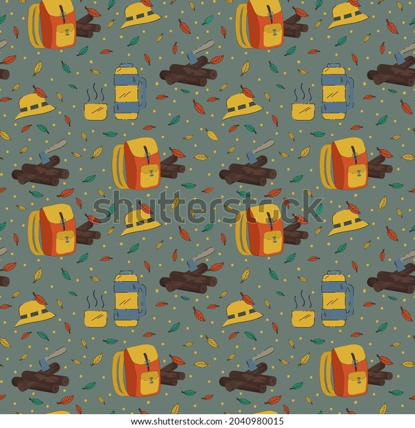 Campfire\
pattern for Camping. Colorful background with things to relax in\
the forest. Camping, thermos, campfire, backpack for travel.\
Background Life in nature. Vector\
illustration