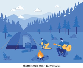 Campfire with People Setting Camp in Forest, Gathered near Tent, Sing Songs and Listen to Music. Tourists Group Resting during Journey. Outdoor Activity and Recreation. Flat Vector Illustration.