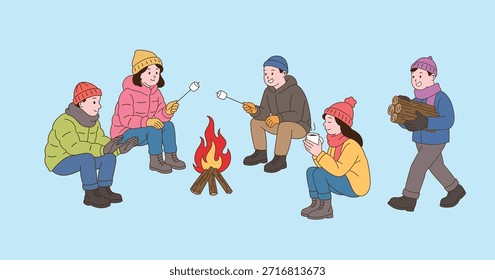 Fogo de acampamento pessoas no acampamento de inverno. Ilustração de desenho de linha simples.