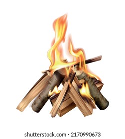 Campfire phases realistic composition with isolated image of bonfire burning on blank background vector illustration