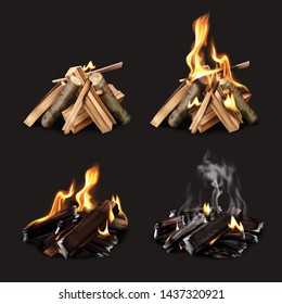 Campfire phases realistic set of four isolated images with bonfire at various points of burning vector illustration 