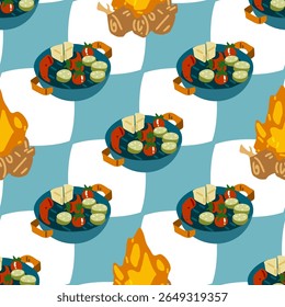 Campfire Picnic Food Pattern. Seamless pattern with campfire and picnic plates with cheese, sausage, cucumbers and tomatoes on blue checkered background. Flat cartoon camping style.