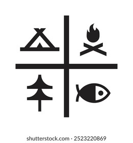 campfire and pine trees and fish for camping logo vector