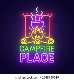 Campfire place neon sign, bright signboard, light banner. Camping logo, emblem. Vector illustration