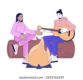 Campfire playing guitar friends 2D linear cartoon characters. Diverse boyfriend girlfriend bonfire isolated line vector people white background. Leisure camp together color flat spot illustration